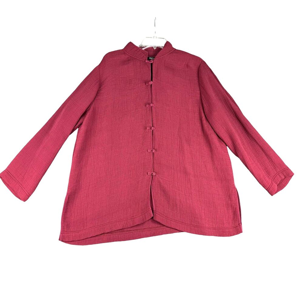 EILEEN FISHER Jacket Women's Large Red Collar Knot Button Silk Rayon Mandarin